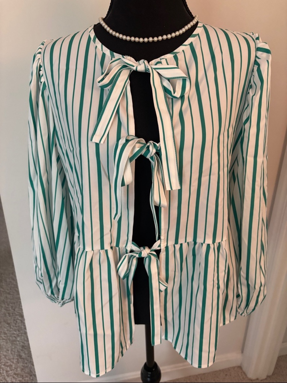 Striped Tie-Front Peplum Blouse - Green/White New